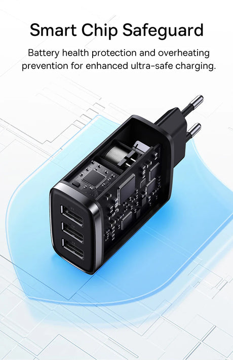 Black USB wall charger with multiple ports and smart chip technology for safe charging.