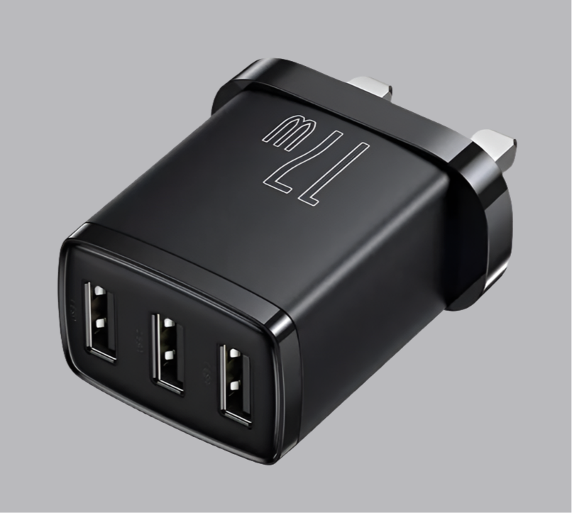 Black USB wall charger with three ports.