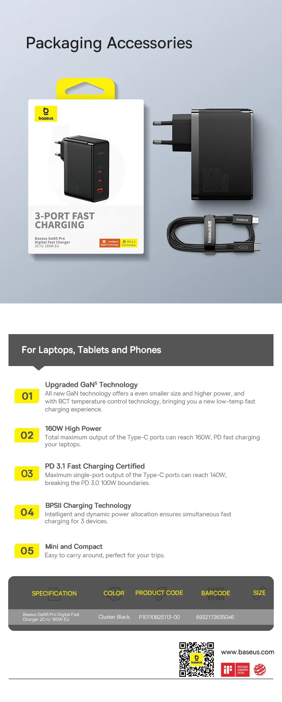 Black wall charger with USB cable and retail packaging.