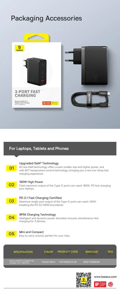 Black wall charger with USB cable and retail packaging.