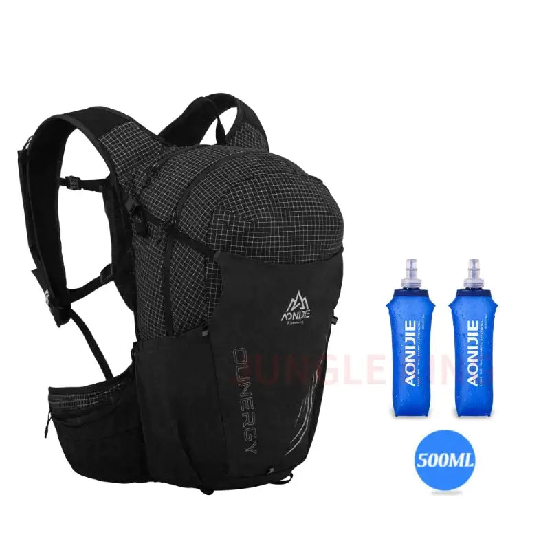 a black and white backpack with water bottle