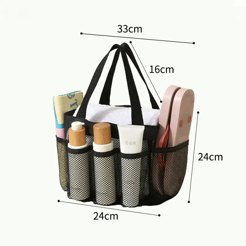 a black and white bag with a mesh bag inside