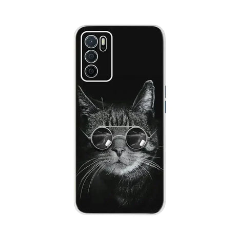 a black and white cat wearing glasses on a black background