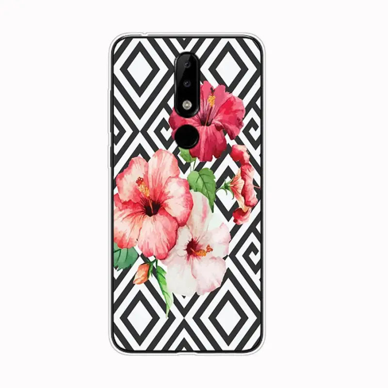 the pink flowers on black and white geometric pattern skin for motorola z3