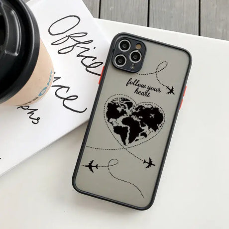 A black and white iphone case with a world map