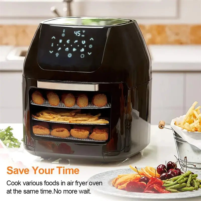 a black and white oven sitting on a counter