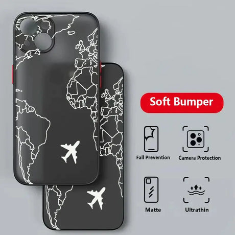 A black and white phone case with a map of the world