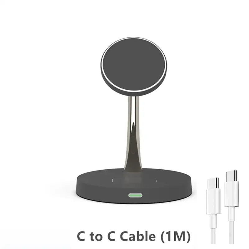 a black and white phone stand with a charging cable