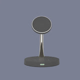 a black and white phone stand with a circular base