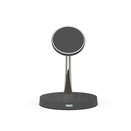 a black and white phone stand with a circular base