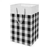 a black and white plaid paper bag with handles