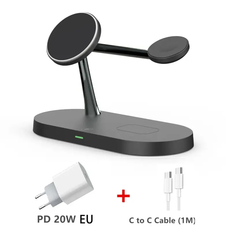 a black and white charging station with a usb cable