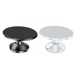 a round table with a black top and a silver base