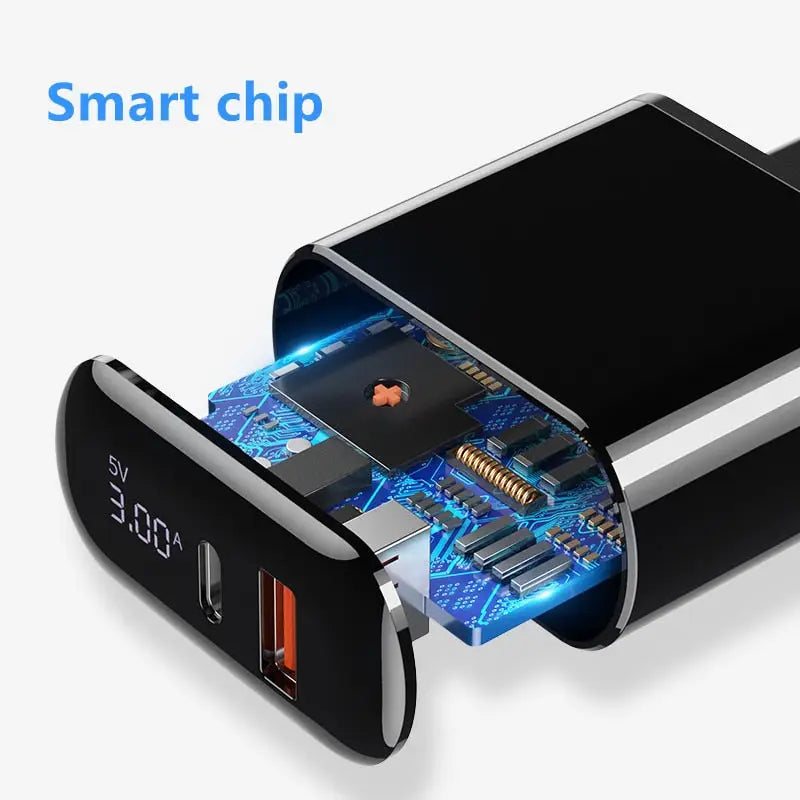 a black and white usb with a blue light on it