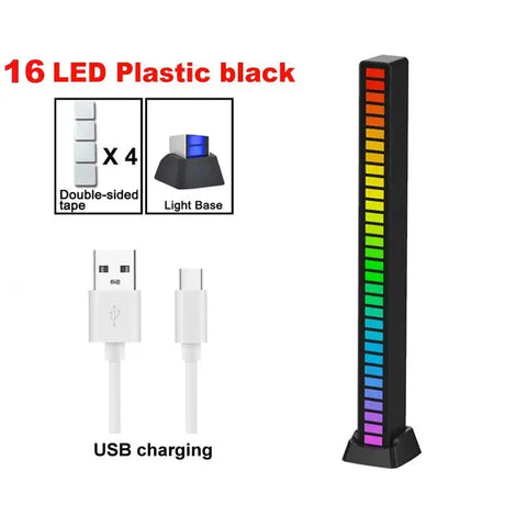 A black and white usb charging stand with a rainbow colored led strip