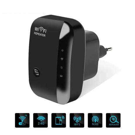 A black wifi router with four different icons