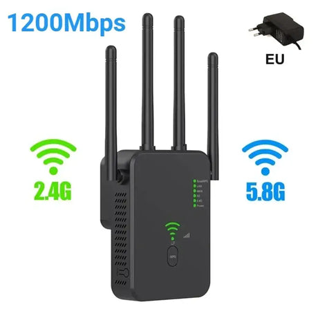 A black wifi router with two wifi antennas and a charger