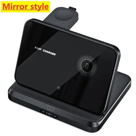 A black wireless car charger with a charging station