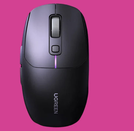 Black wireless computer mouse with a sleek design and purple accent light.