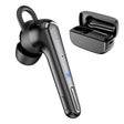 Black wireless earbud with an ear hook and a matching charging case.