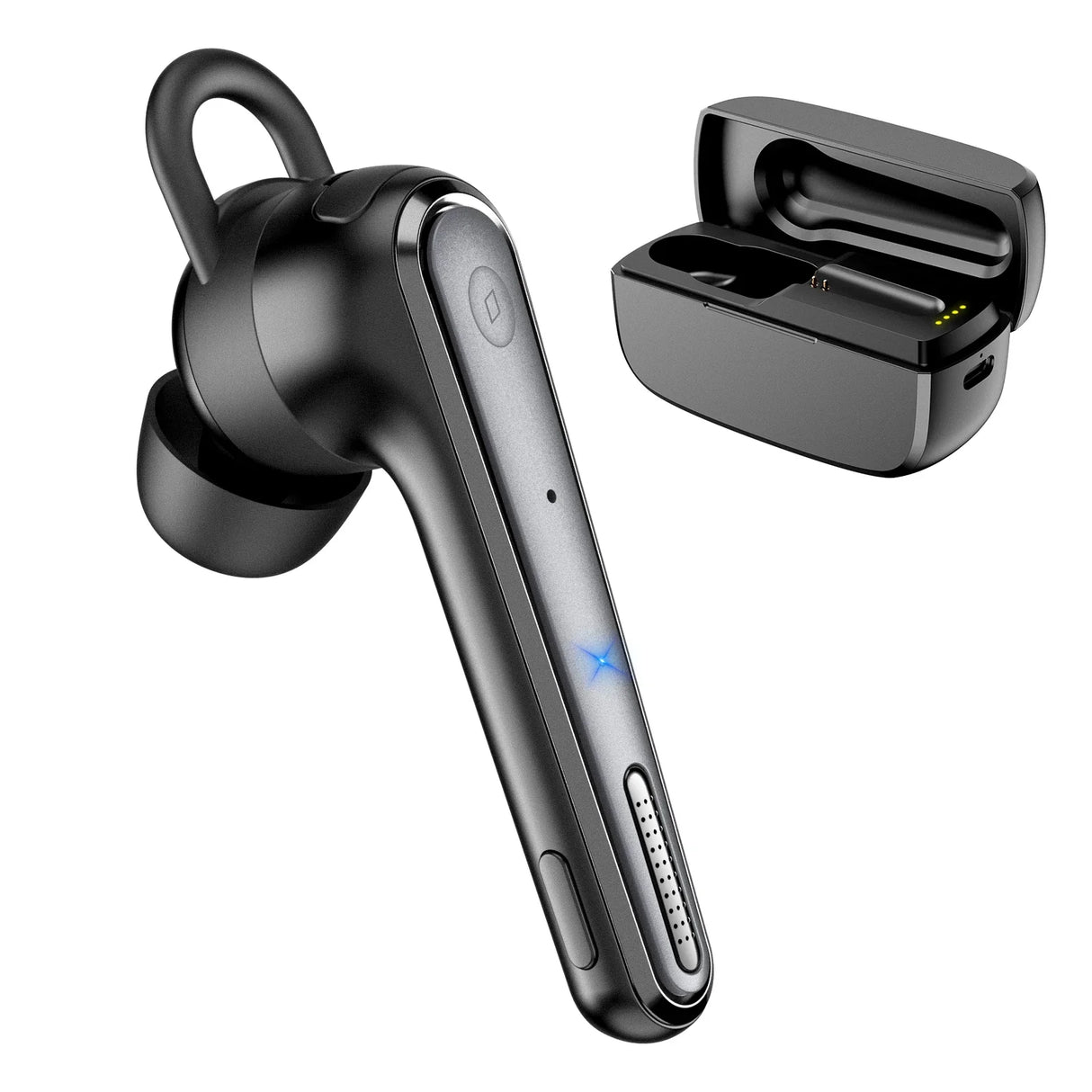 Black wireless earbud with an ear hook and a matching charging case.