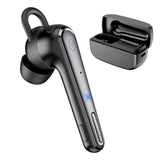 Black wireless earbud with an ear hook and a matching charging case.