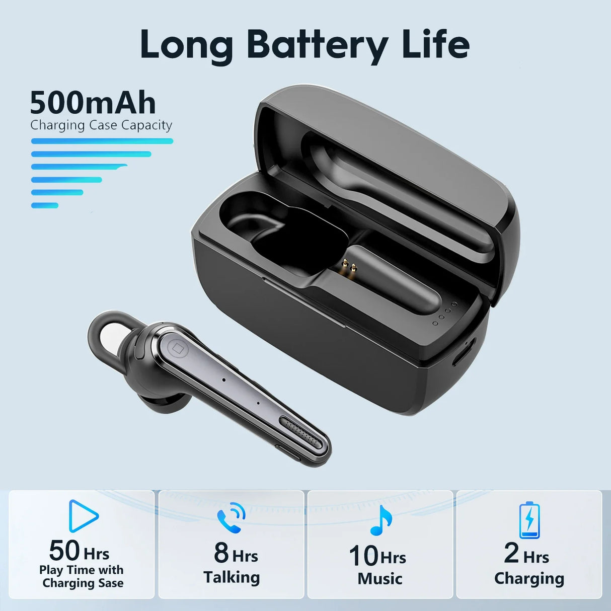Black wireless earbud with its open charging case.