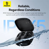 Black wireless earbuds with a charging case, showcasing water resistance.