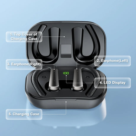 Black wireless earbuds in charging case.