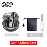 Black wireless earbuds with charging case, pouch, and cleaning pen.