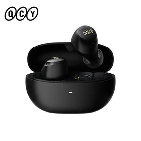 Black wireless earbuds and charging case.