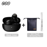 Black wireless earbuds with charging case, pouch, and cleaning pen.