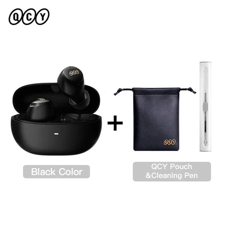 Black wireless earbuds with charging case, pouch, and cleaning pen.