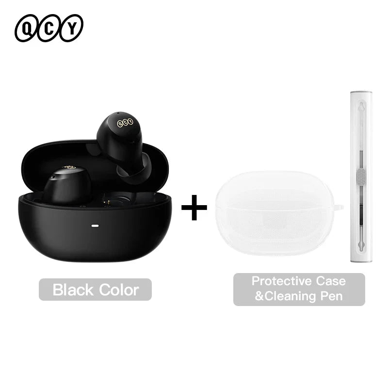 Black wireless earbuds with charging case and cleaning pen.