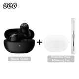 Black wireless earbuds with charging case and cleaning pen.