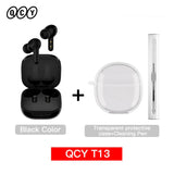 Black wireless earbuds with charging case, transparent protective case, and cleaning pen.