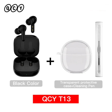 Black wireless earbuds with charging case, transparent protective case, and cleaning pen.