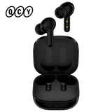 Black wireless earbuds and charging case.