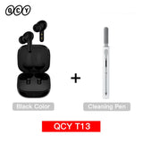 Black wireless earbuds with charging case and cleaning pen.