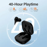 Black wireless earbuds and charging case.