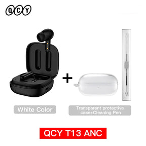 Black wireless earbuds with charging case, transparent protective case, and cleaning pen.