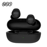 Black wireless earbuds and charging case.