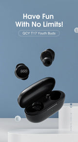 Black wireless earbuds and charging case.