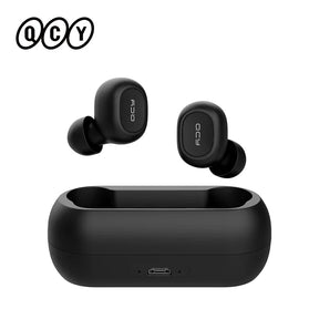 Black wireless earbuds with charging case.