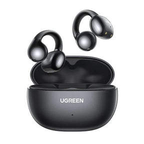 Black wireless earbuds with charging case.