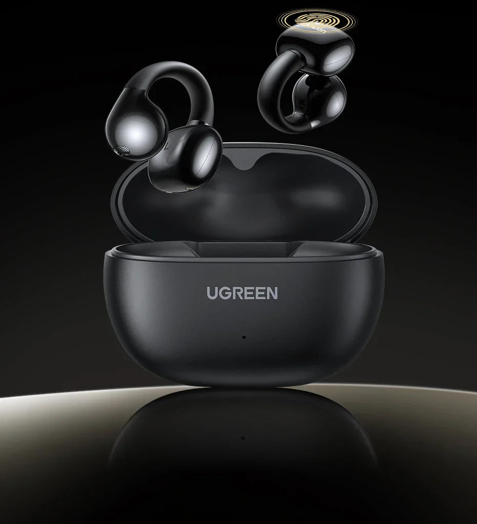 Black wireless earbuds with charging case.