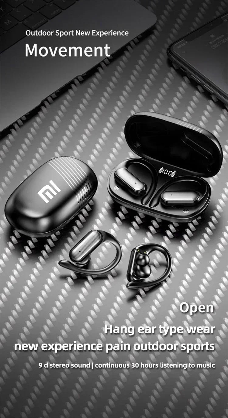 Black wireless earbuds with a charging case and optional ear clips.