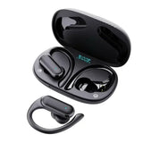 Black wireless earbuds with ear hooks and a charging case with a digital display.