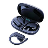 Black wireless earbuds with ear hooks and charging case with digital display.
