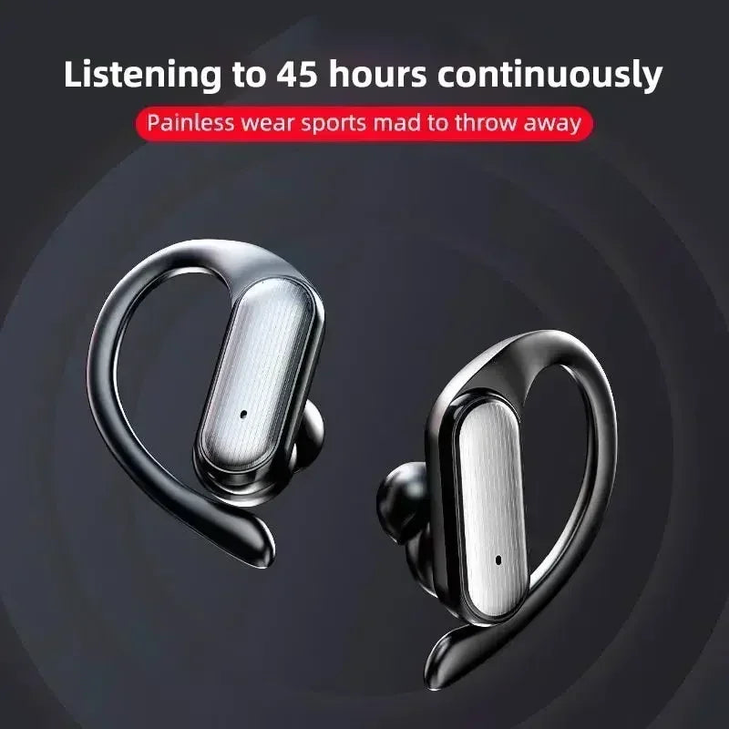 Black wireless earbuds with ear hooks and a brushed metallic finish on the touch controls, offering 45 hours of continuous listening and a painless, secure fit for sports.